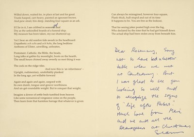 Lot 920 - Heaney (Seamus, 1939-2013). Christmas card, printed privately by Peter Fallon for the Heaneys