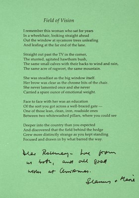 Lot 921 - Heaney (Seamus, 1939-2013). Christmas card, printed privately by Peter Fallon for the Heaneys