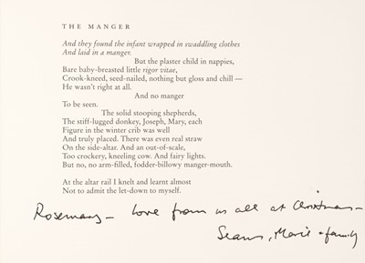 Lot 924 - Heaney (Seamus, 1939-2013). Christmas card, privately published for the author by Peter Fallon