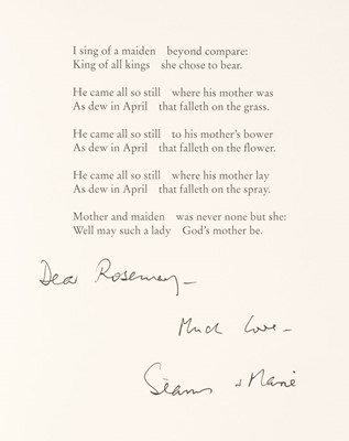 Lot 926 - Heaney (Seamus, 1939-2013). Christmas card, privately published for the author