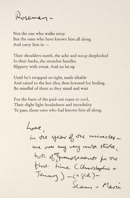 Lot 927 - Heaney (Seamus, 1939-2013). Christmas card, privately published for the author