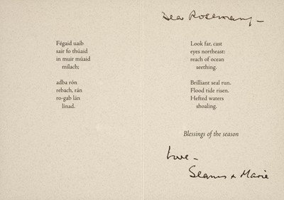 Lot 928 - Heaney (Seamus, 1939-2013). Christmas card, privately published for the author