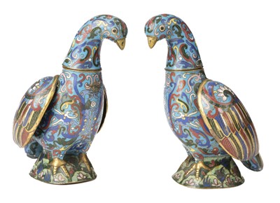 Lot 322 - Censers. A pair of 19th century Chinese cloisonné bird censers