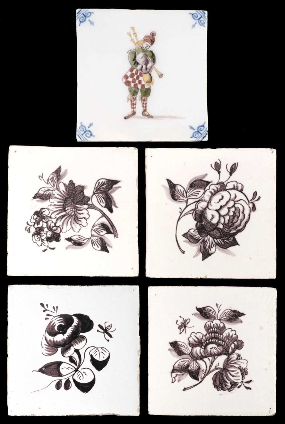 Lot 420 - Delft Tiles. Four 18th century Dutch delft pottery tiles plus one other