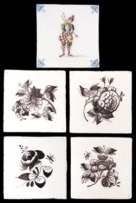 Lot 420 - Delft Tiles. Four 18th century Dutch delft pottery tiles plus one other