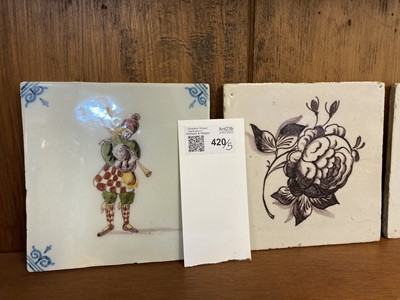 Lot 420 - Delft Tiles. Four 18th century Dutch delft pottery tiles plus one other