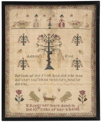 Lot 686 - Sampler. A needlework picture of Adam and Eve, by E. Roper, 1805, & one other
