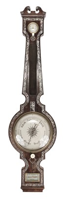 Lot 569 - Barometer. A Victorian rosewood and mother-of-pearl inlaid barometer
