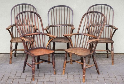 Lot 618 - Windsor Chairs. Five 19th century elm windsor armchairs