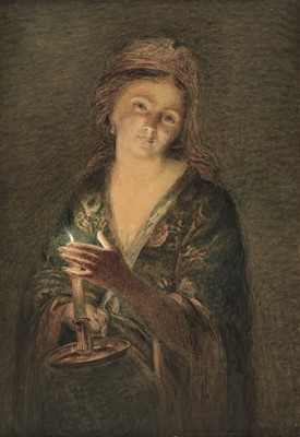 Lot 174 - English School. Girl with a Candle, circa 1850, watercolour