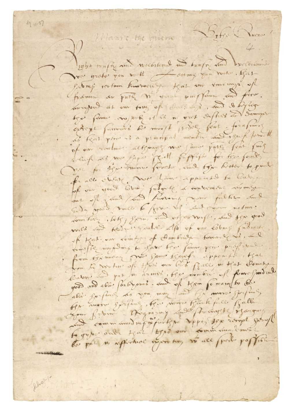 Lot 20 - Mary I (1516-1558). Letter signed, 'Marye the Quene', Greenwich, 7 January 1558