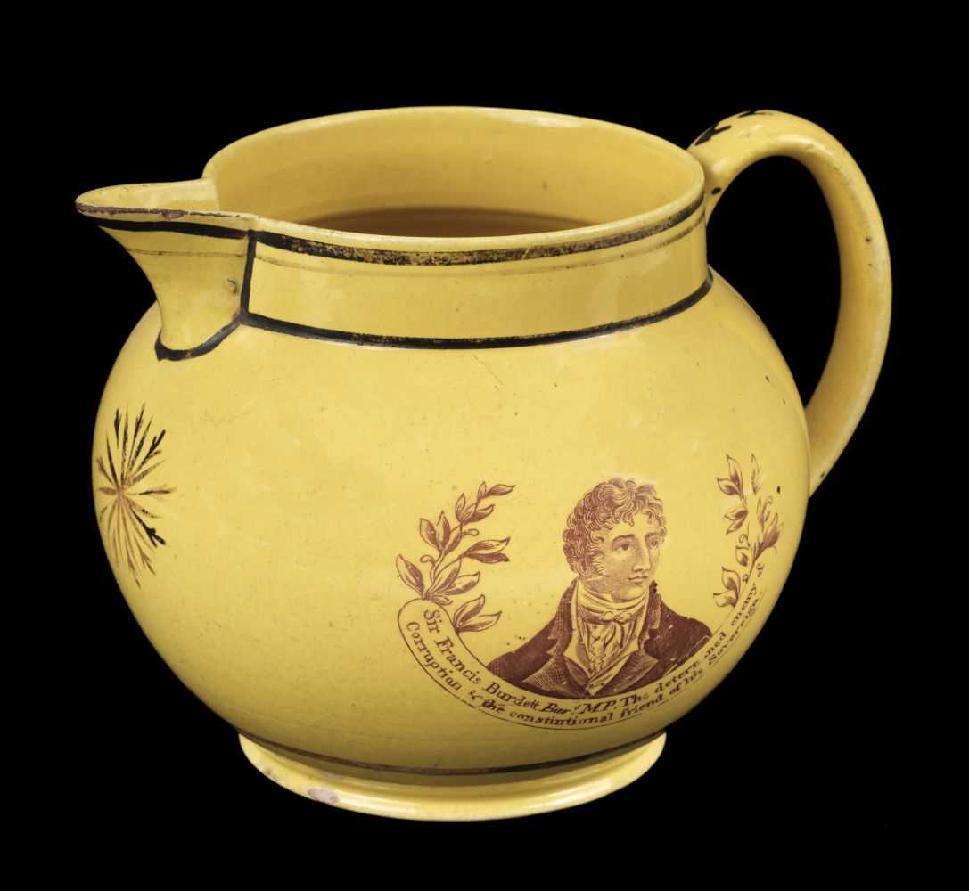 Lot 358 - Sir Francis Burdett. A George III period canary yellow pottery commemorative jug