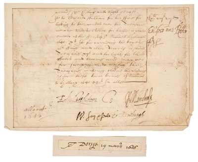 Lot 288 - Fiennes (William, 1582-1662). Document Signed, ‘W. Say & Seale’, 1642