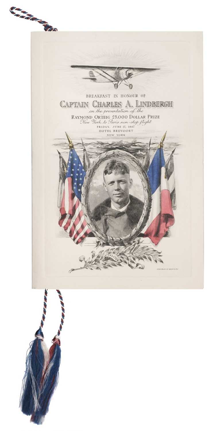 Lot 32 - Lindbergh (Charles A., 1902-1974). Menu card for a breakfast in honour of Captain Lindbergh