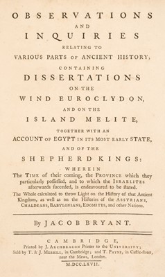 Lot 143 - Bryant (Jacob). Observations relating to various parts of ancient history..., 1767