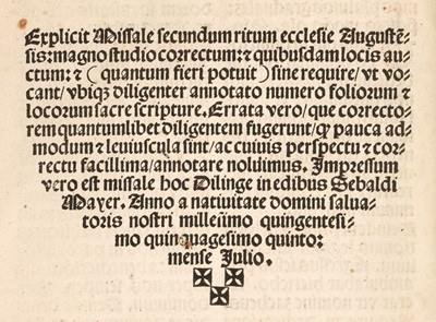 Lot 19 - Missal (Augsburg Use). Missale secundum ritum Augustensis ecclesie, Dillingen, 1555, folio