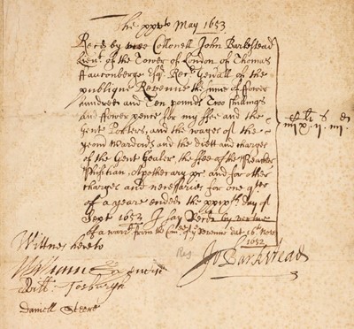 Lot 95 - Barkstead (John, died 1662). Document Signed, 'Jo Barkstead', 25 May 1653