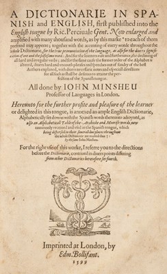Lot 31 - Percyvall (Richard). A Dictionarie in Spanish and English..., 1599
