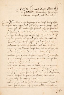 Lot 56 - James VI and the Union of the Crowns. 'Kinge James his Speeche in Parliamte...', c. 1620