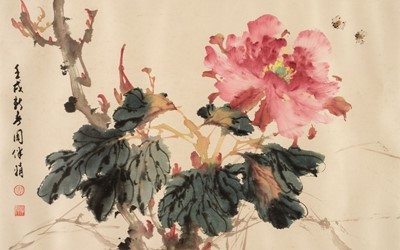 Lot 318 - Banjuan (Zhou). Study of flowers with insects, watercolour on paper plus two others