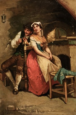 Lot 74 - Peluso (Francesco, 1836-1916). An Italian Spinner and her Sweetheart, oil on canvas