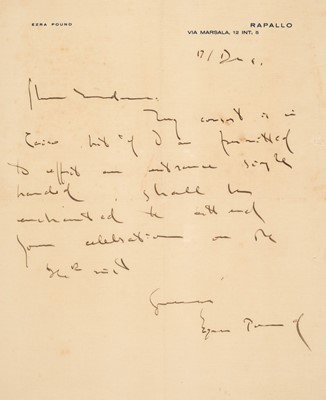 Lot 362 - Pound (Ezra, 1885-1972). Autograph Letter Signed, ‘Ezra Pound’, [Italy], 17 December, c. 1925