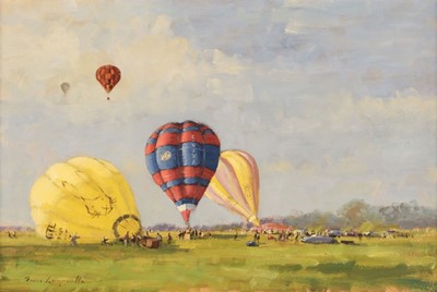Lot 525 - Longueville (James, 1942 -). Hot Air Balloons at Chalmondey Castle, oil on board