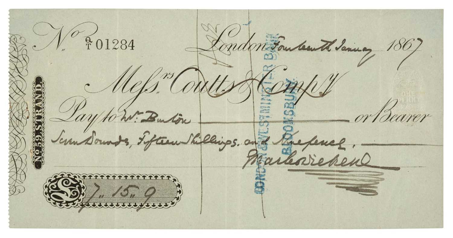 Lot 337 - Dickens (Charles, 1812-1870). Cheque signed 'Charles Dickens', London, 14 January 1867