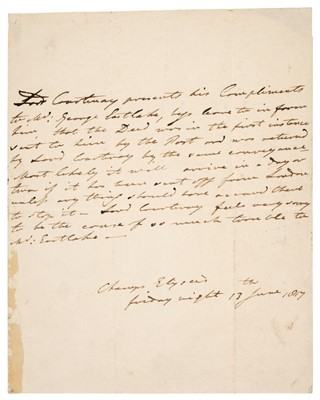 Lot 335 - Courtenay (William ‘Kitty’, 1768-1835). Autograph Letter Signed in the third person (three times)