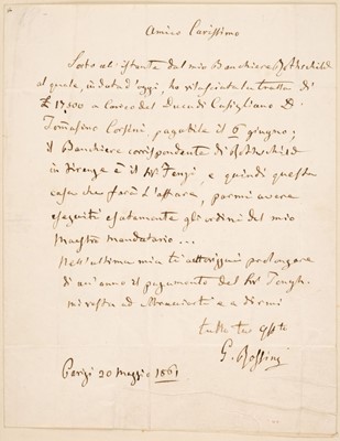 Lot 334 - Rossini (Gioachino Antonio, 1792-1868). Autograph Letter Signed, 'G. Rossini', Paris, 20 May 1861