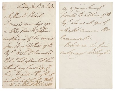 Lot 318 - Wellesley (Arthur, 1769-1852). Autograph Letter Signed, ‘Wellington’, London, 25 January 1821
