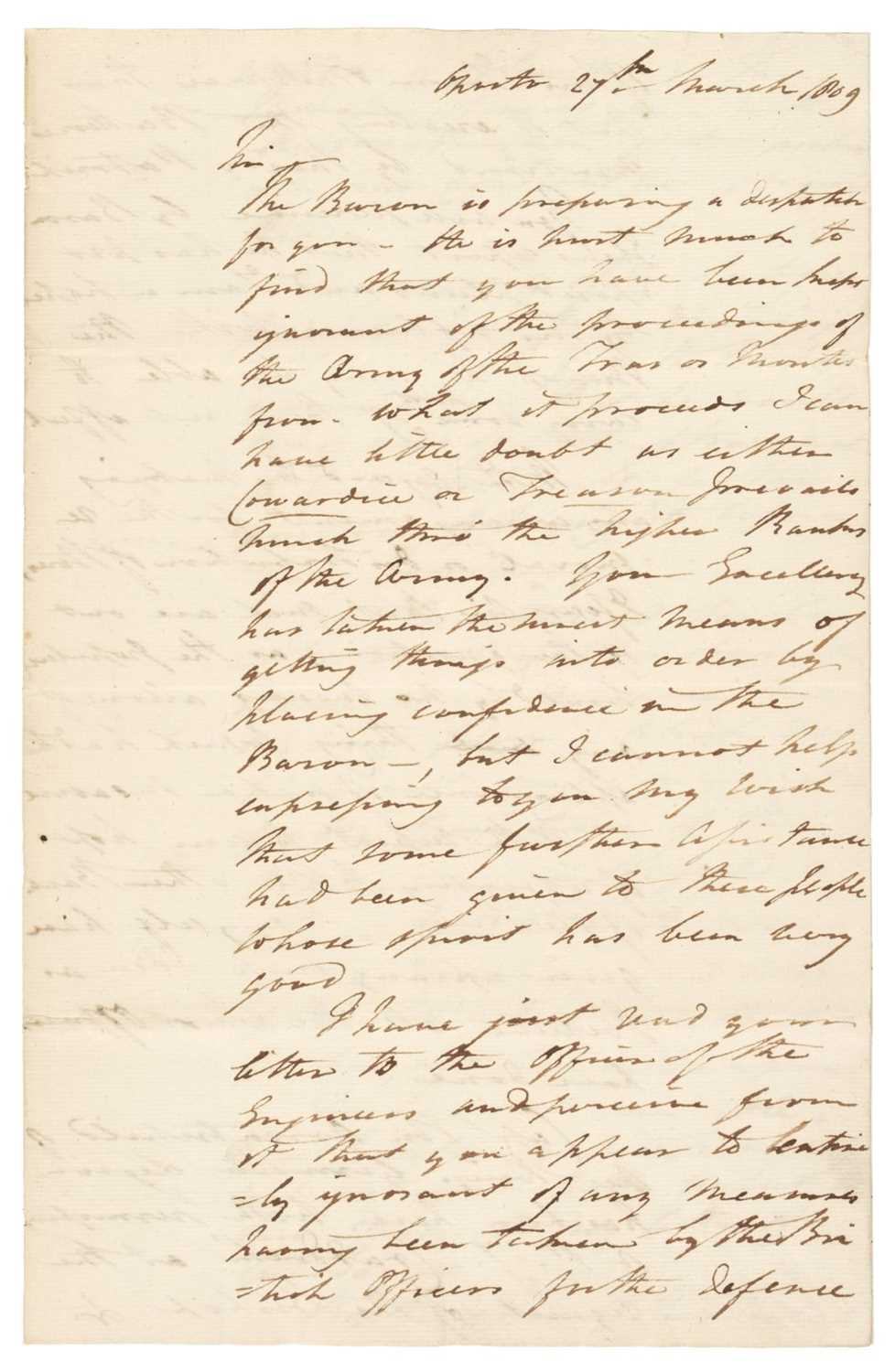 Lot 307 - Peninsular War. Autograph Letter Signed, ‘John Campbell’, Oporto, 27 March 1809