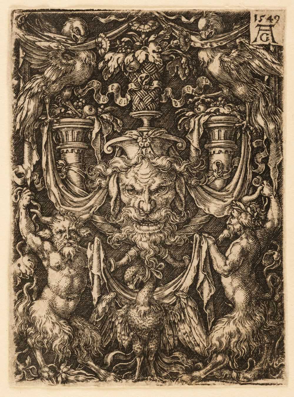 Lot 49 - Aldegrever (Heinrich, 1502-1555/1561). Mask and eagle flanked by two fauns, 1549