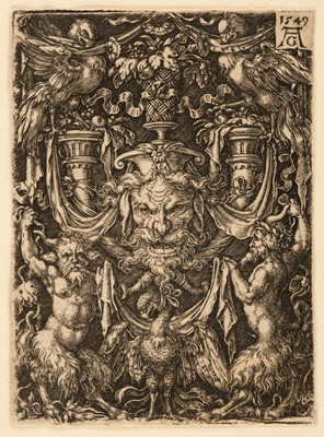 Lot 49 - Aldegrever (Heinrich, 1502-1555/1561). Mask and eagle flanked by two fauns, 1549