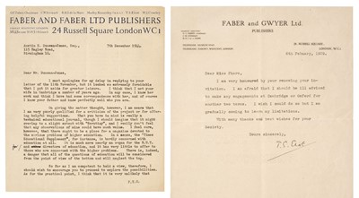 Lot 725 - Eliot (Thomas Stearns, 1888-1965). Two Typed Letters Signed, ‘T. S. Eliot’