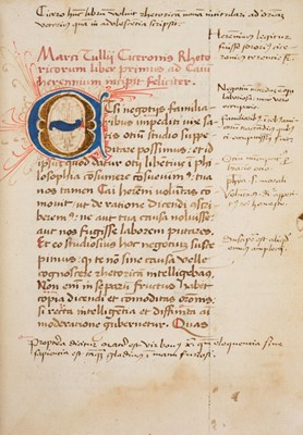 Lot 5 - Cicero (Marcus Tullius). Rhetorica Nova, Italy, 1st November 1491, manuscript on vellum