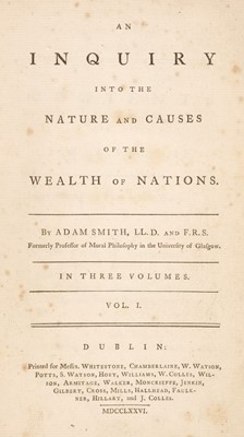 Lot 278 - Smith (Adam). An Inquiry into ... the Wealth of Nations, vols. 1 & 2 (of 3), Dublin, 1776
