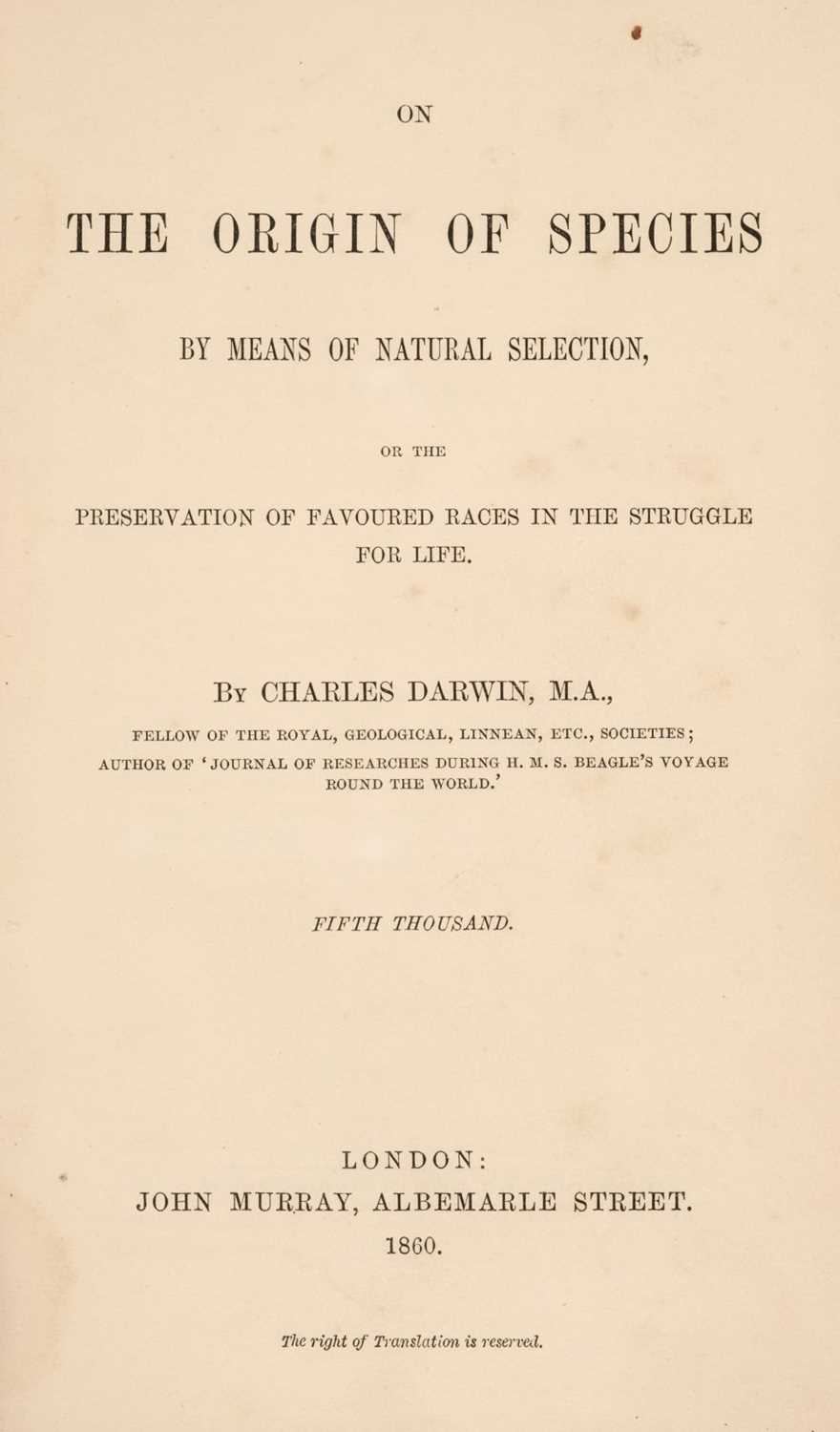 Lot 530 - Darwin (Charles). On The Origin of Species, 2nd edition, 2nd issue, London: John Murray, 1860