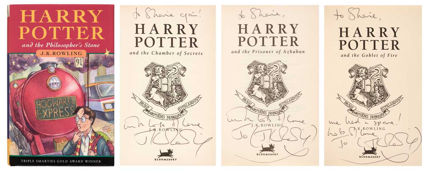 895 - Rowling (J. K.). A complete set of the Harry Potter books, all inscribed by the author, 7 volumes, 1998-2010 plus 6 other signed items