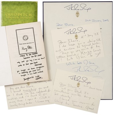 Lot 895 - Rowling (J. K.). A complete set of the Harry Potter books, all inscribed by the author, 7 volumes, 1998-2010 plus 6 other signed items