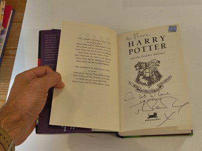 Lot 895 - Rowling (J. K.). A complete set of the Harry Potter books, all inscribed by the author, 7 volumes, 1998-2010 plus 6 other signed items