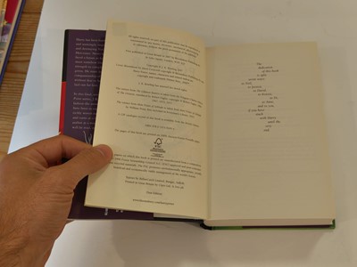 Lot 895 - Rowling (J. K.). A complete set of the Harry Potter books, all inscribed by the author, 7 volumes, 1998-2010 plus 6 other signed items
