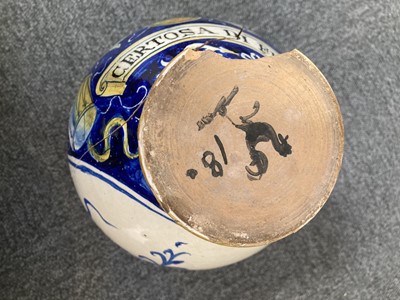 Lot 498 - Maiolica. An Italian maiolica pottery drug jar, probably 18th century