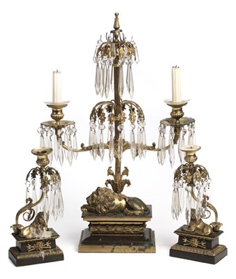 Lot 543 - Candelabras. A set of three gilt metal and bronze chandelier candelabras