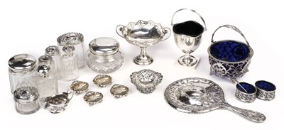 Lot 483 - Mixed Silver. A silver bon-bon basket with blue glass liner by A Chick & Sons Ltd, London 1974