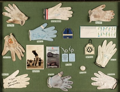 Lot 386 - Golf. A framed display of 9 signed golf gloves, 1981