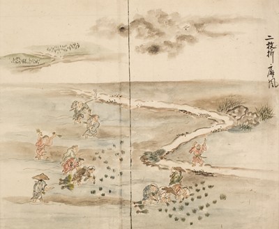 Lot 157 - Japanese School. Landscape with Figures, 18th century, two watercolour and ink