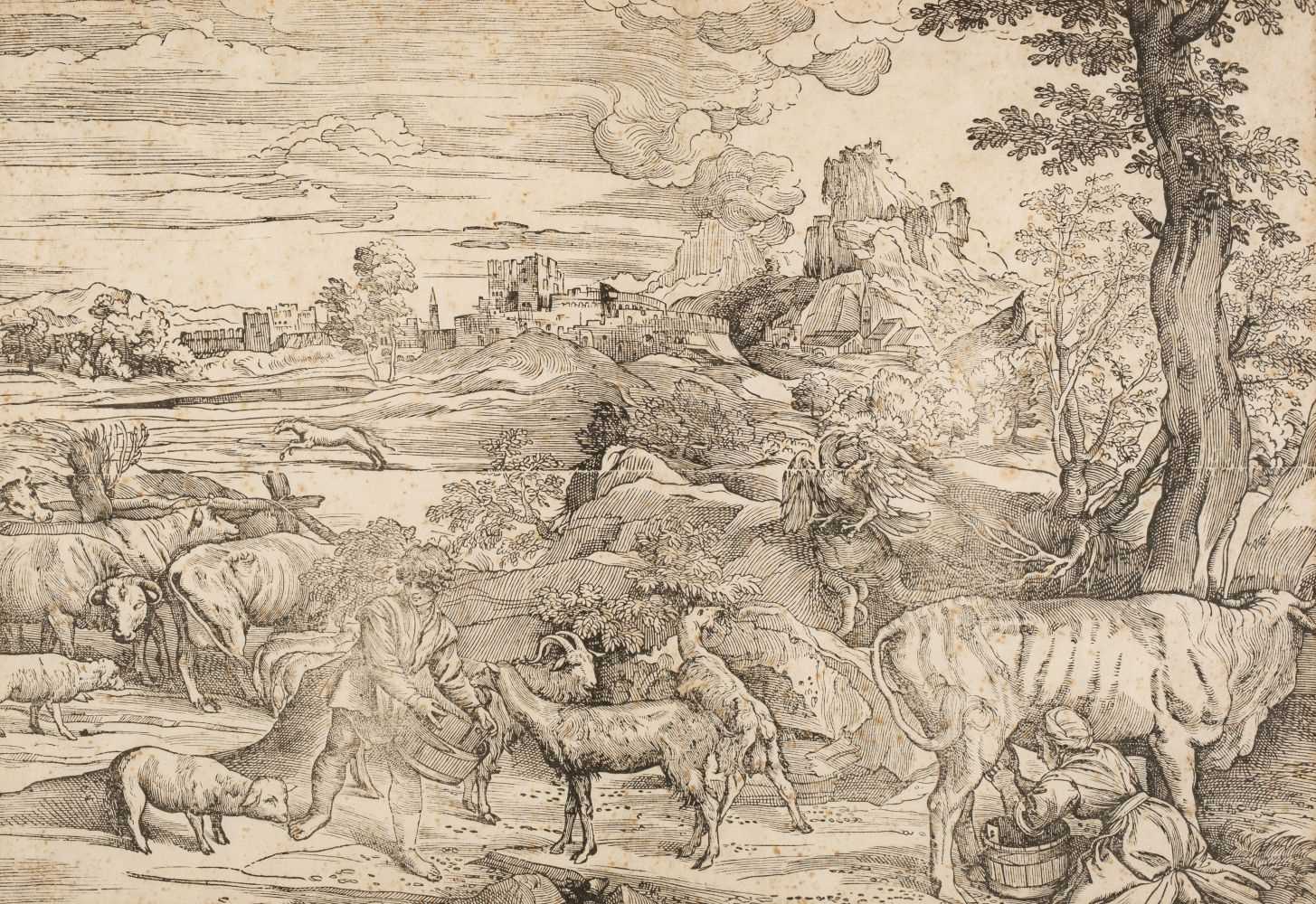 Lot 46 - Boldrini (Nicolo, active 1540-1566). Landscape with a milkmaid..., after Titian, circa 1535-40