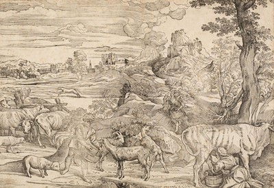 Lot 46 - Boldrini (Nicolo, active 1540-1566). Landscape with a milkmaid..., after Titian, circa 1535-40