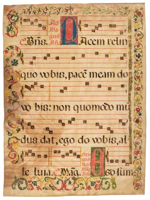Lot 304 - Illuminated Antiphonal Leaf. An illuminated antiphonal leaf on vellum, 16th-century
